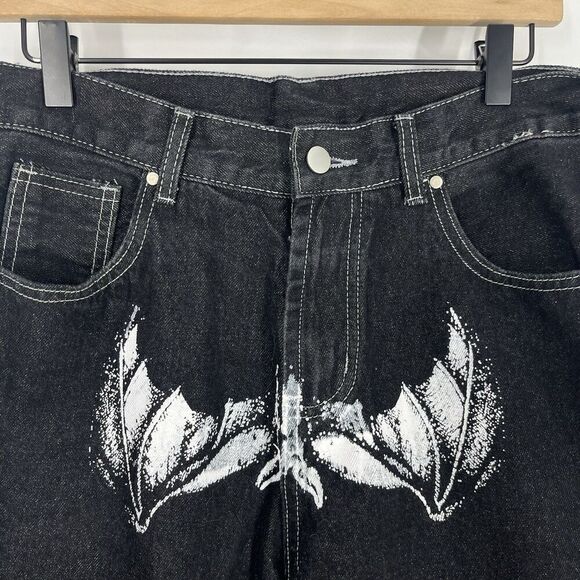 Michael Myers Halloween Jeans Size 32x30 Black Denim Y2k Horror Gothic Bat Baggy - Picture 4 of 7